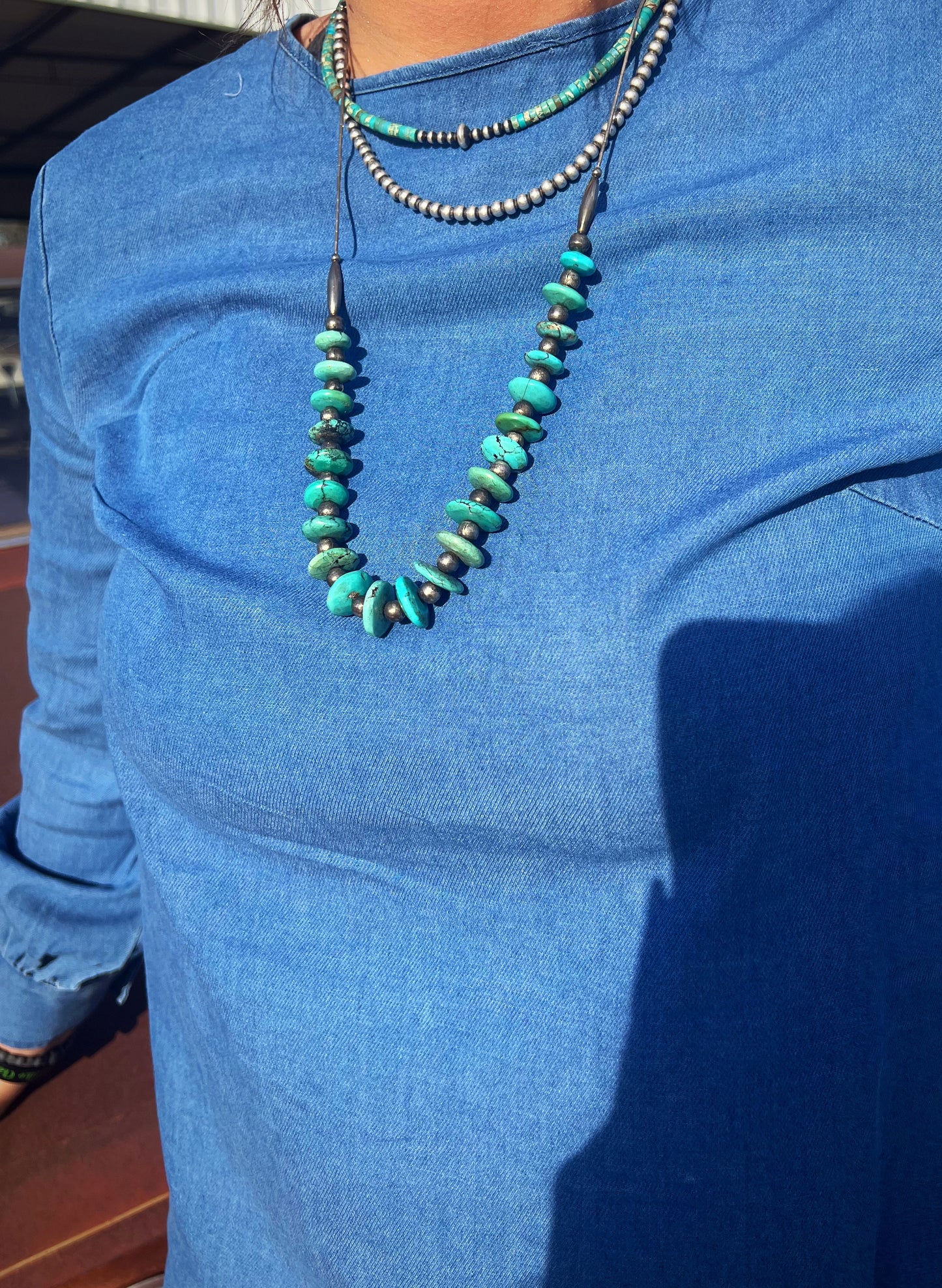 AUTHENTIC HANDMADE Sterling Silver Turquoise Disc Necklace Vintage Navajo