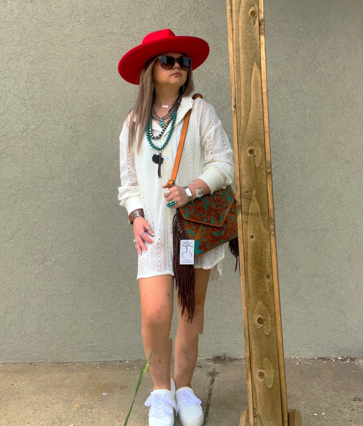 Beige Lace Crochet Collared Tunic Oversized Shirt