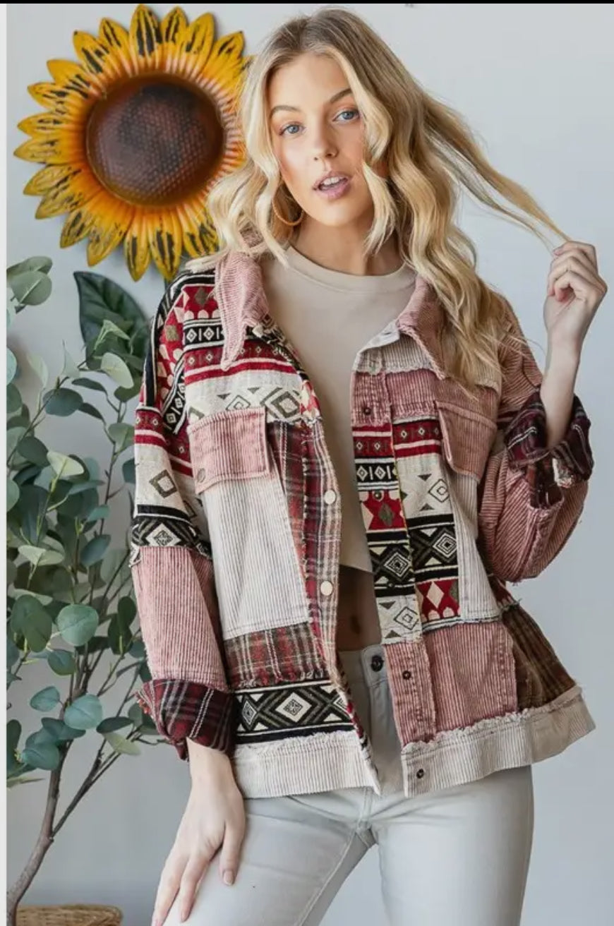 Mineral Washed Mixed Media Button Corduroy Jacket