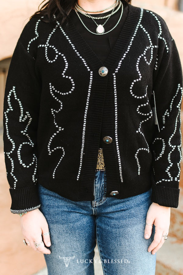 BLACK BOOT-STITCH SADDLE KNIT CONCHO BUTTON DOWN SWEATER CARDIGAN