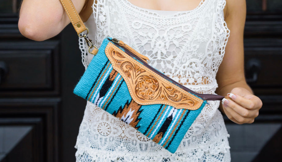 Floatin T!  Turq Saddle Blanket Clutch with Tooled