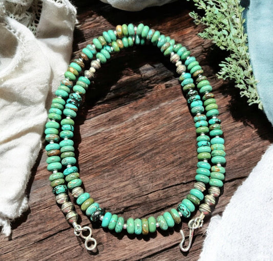 Sterling NAVAJO Pearl Hubei Turquoise Native Bench Beads Necklace VTG Silver 20"