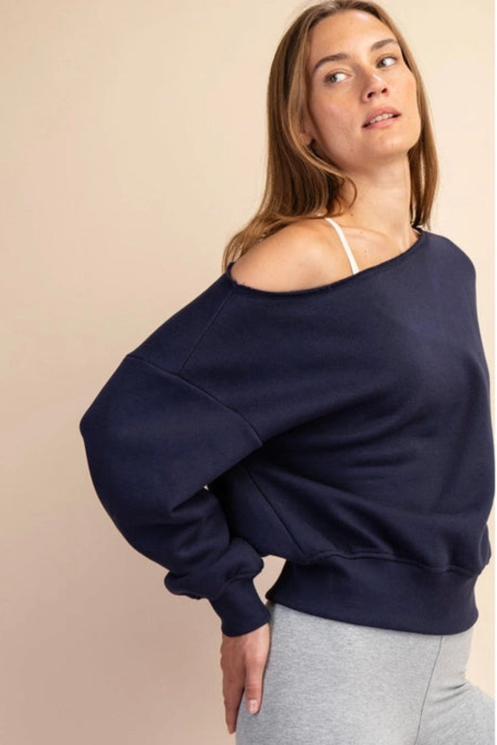 Rae Mode French Terry Fleece Off Shoulder Top Wide Neck Sweater