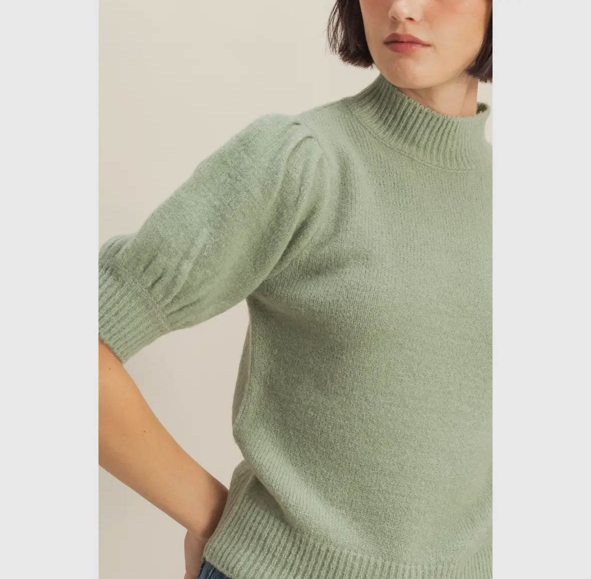 Short-Sleeve Ribbed Sweater with Puff Sleeves