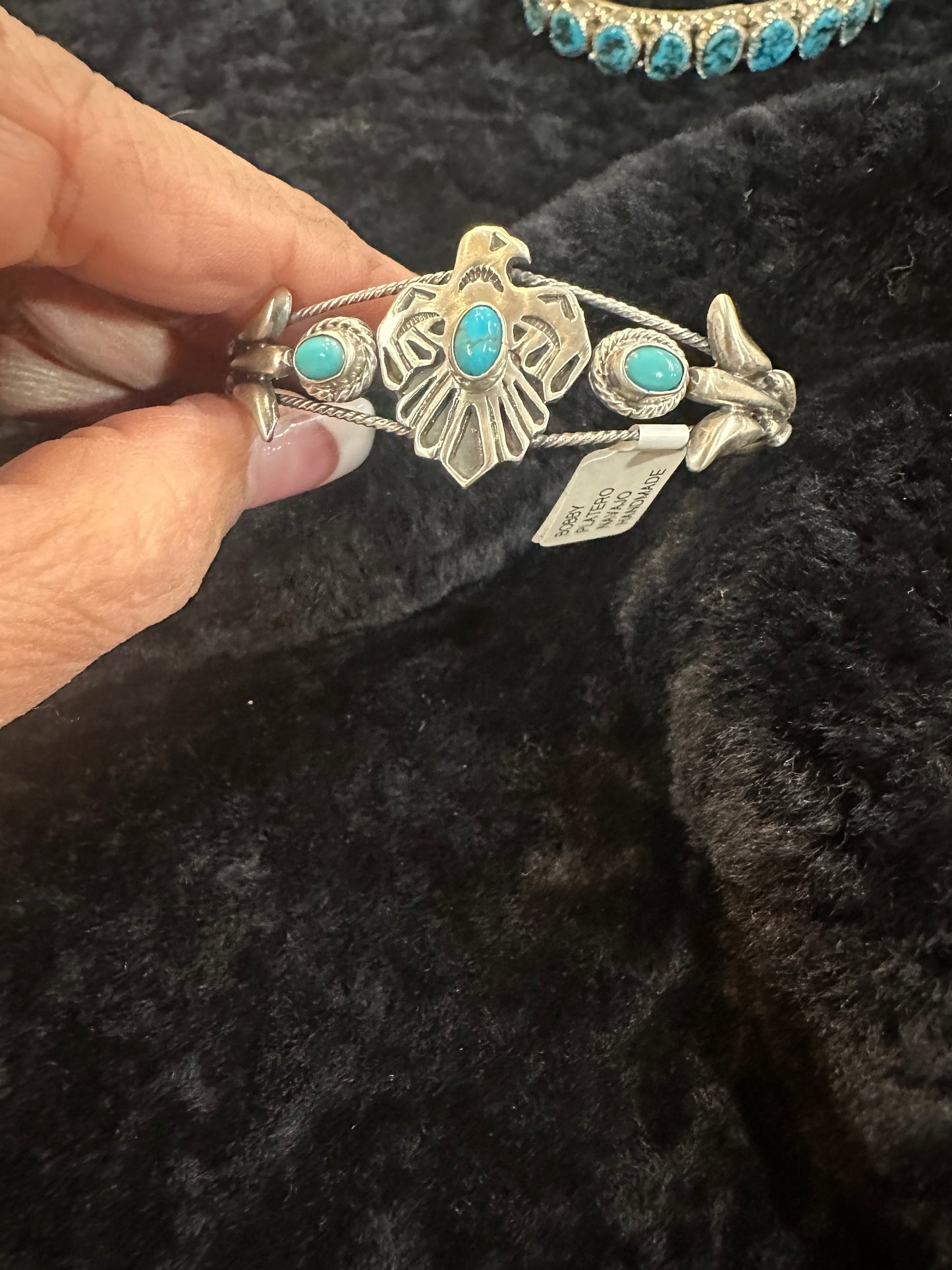 BOBBY PLATERO NAVAJO HANDMADE SS KINGMAN TURQUOISE THUNDERBIRD BRACELET
