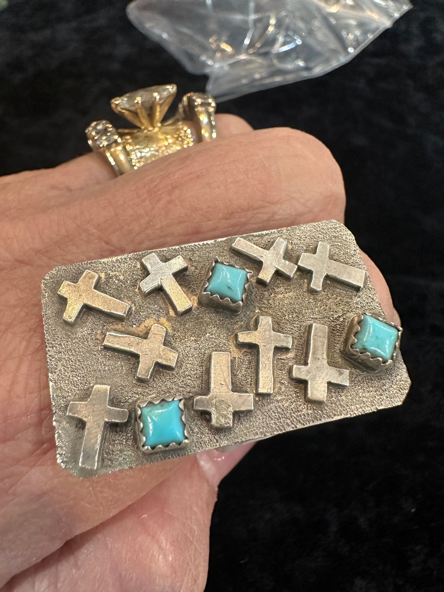 Sterling Silver Kingman Turquoise Adjustable Cross Marked Ring
