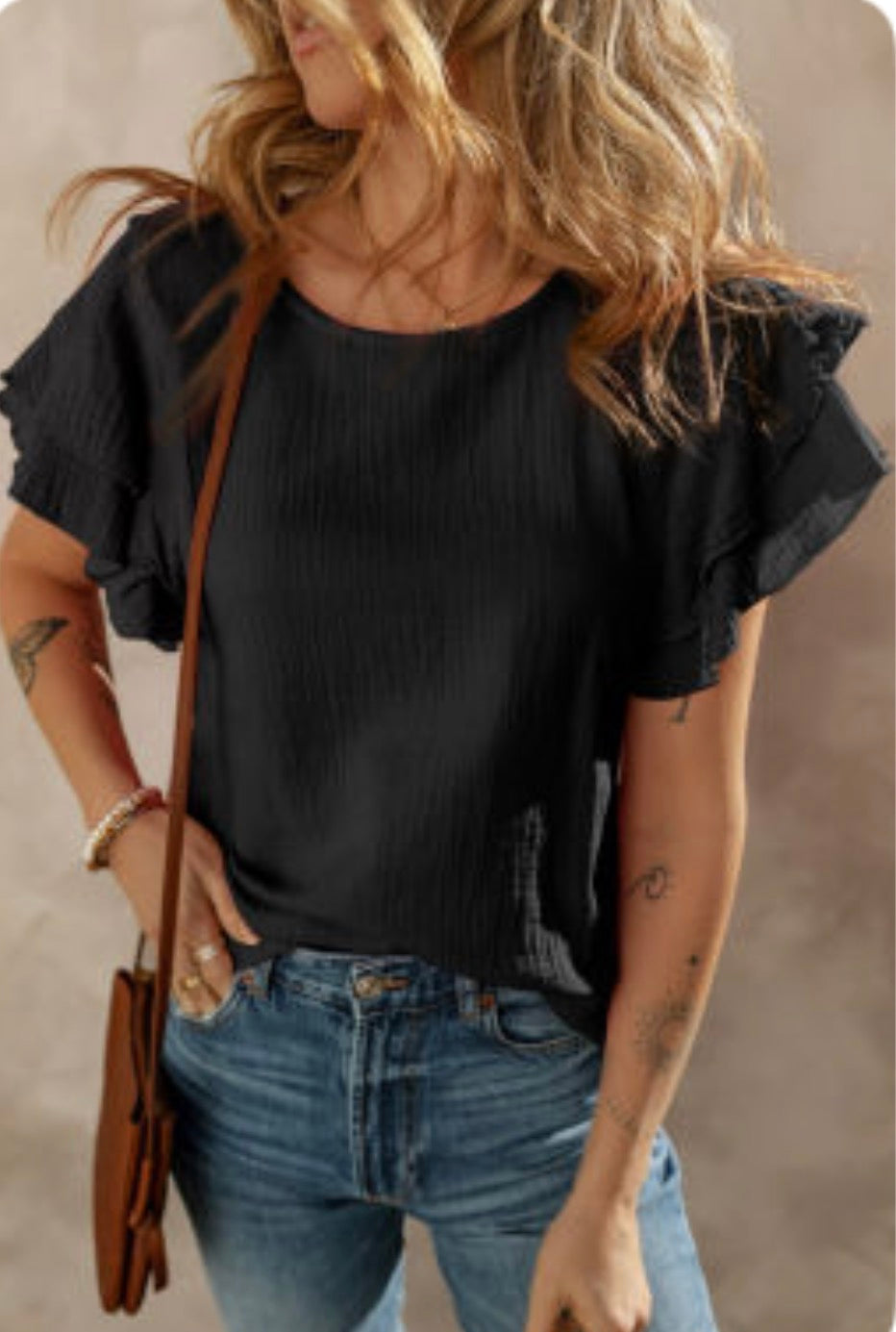 Crinkled Cotton Gauze Ruffle Sleeve Shirt