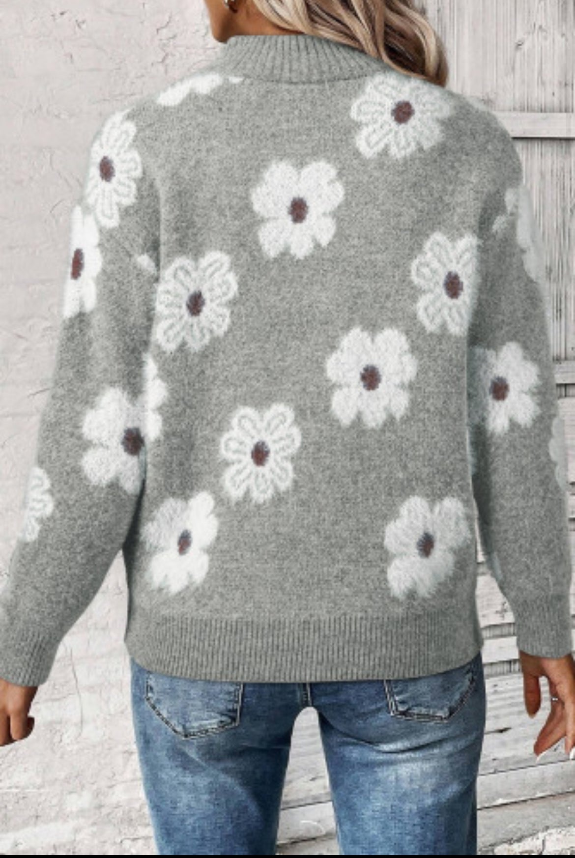 Gray Floral Half Zip Drop Shoulder Sweater
