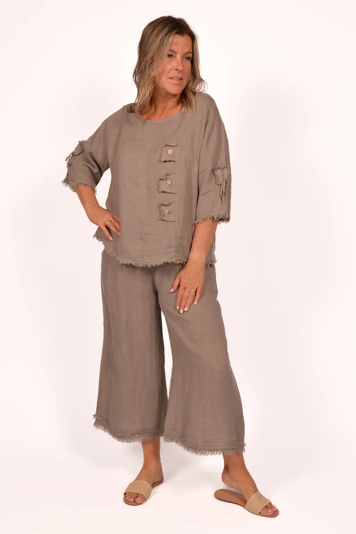 BE LINEN FRAYED EDGE PANTS Italy Collection O/S