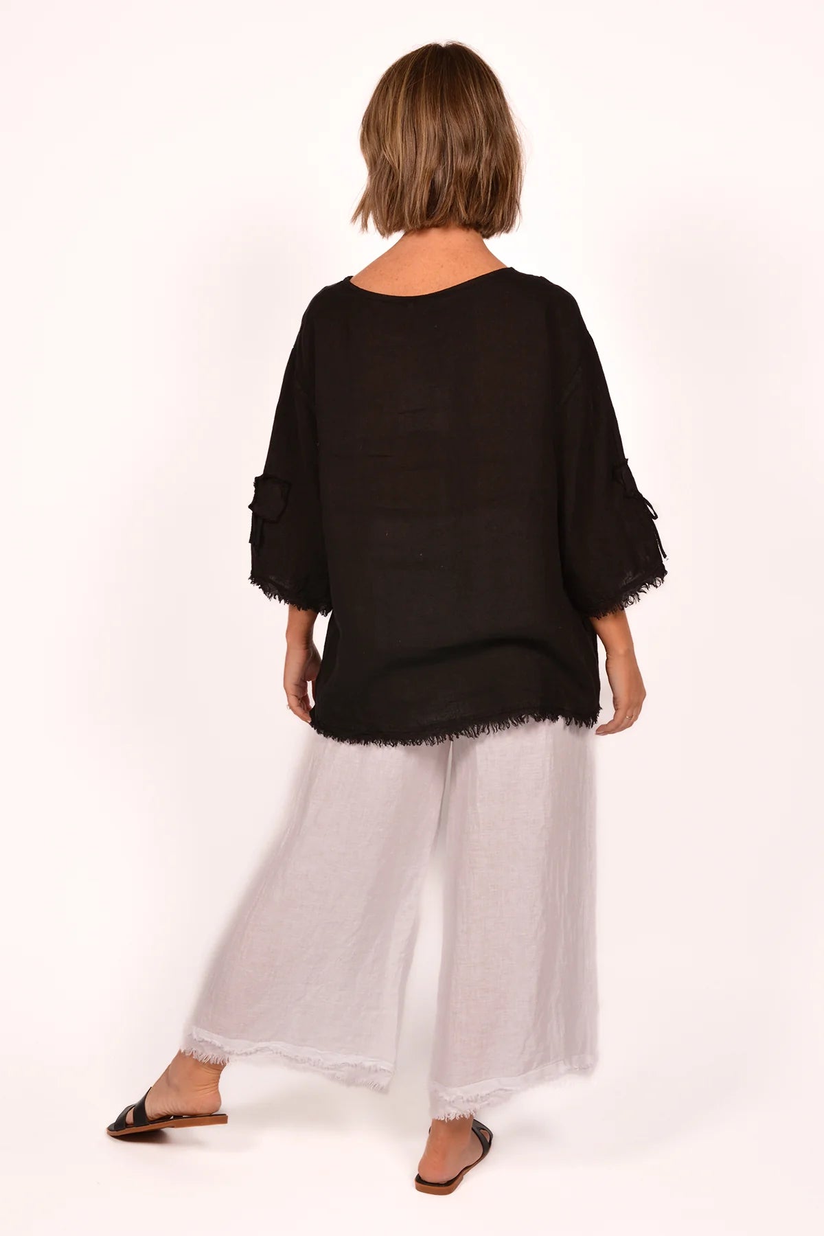 BE LINEN FRAYED EDGE PANTS Italy Collection O/S