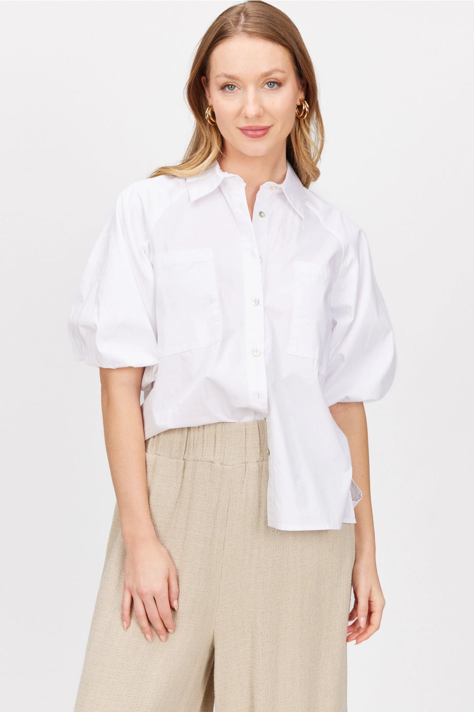 Poplin Puff Sleeve Button Up Shirt