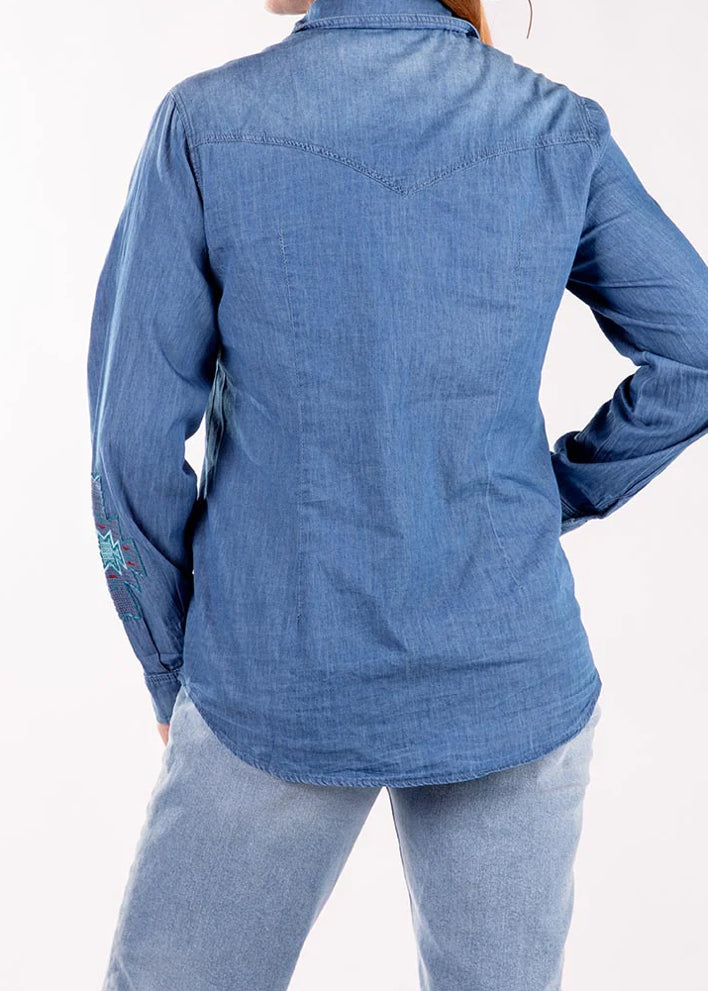 MONTANA WEST EMBROIDERED AZTEC POCKET LONG SLEEVE CHAMBRAY SHIRT