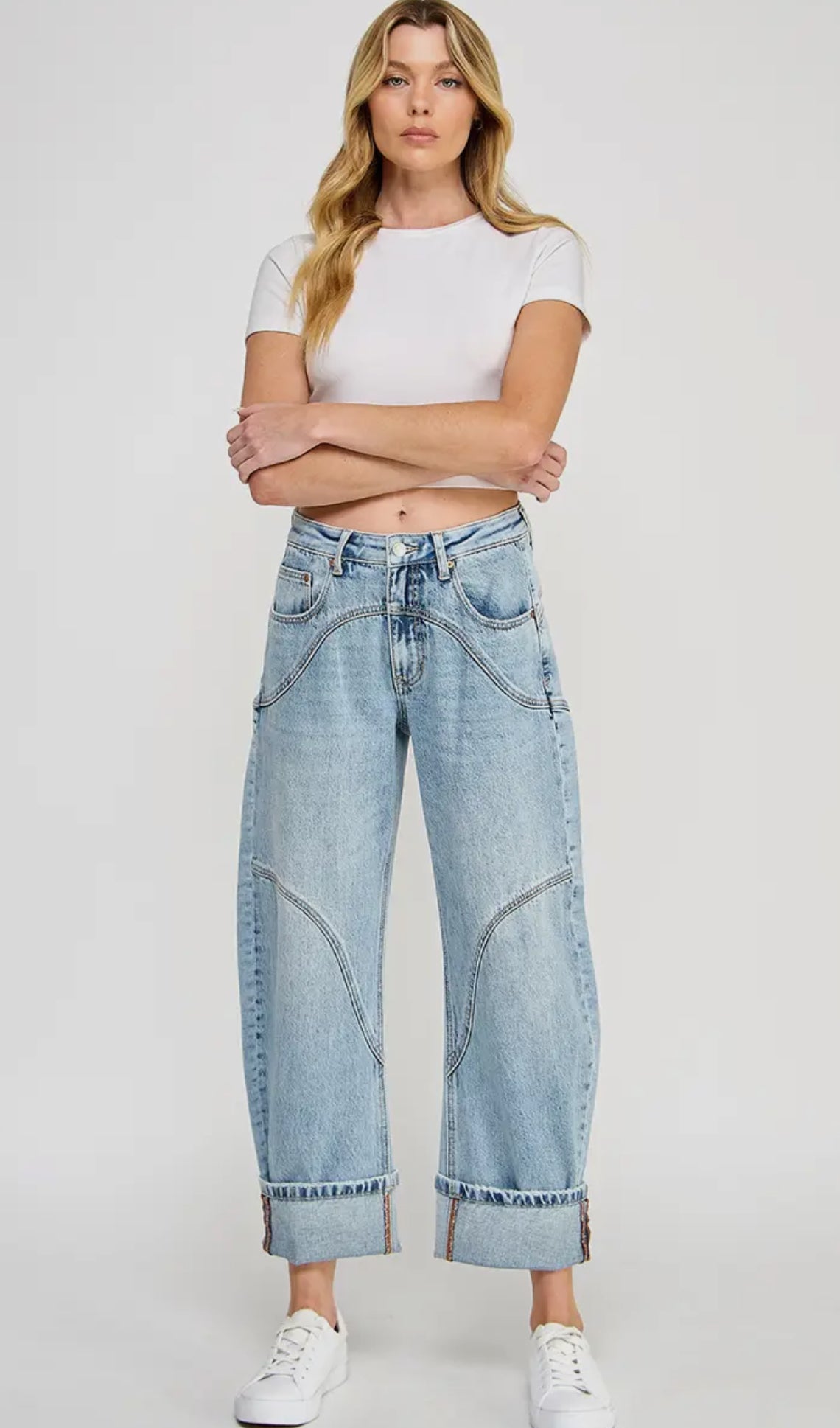 Saige Light Wash High Rise Cuffed Barrel Jeans