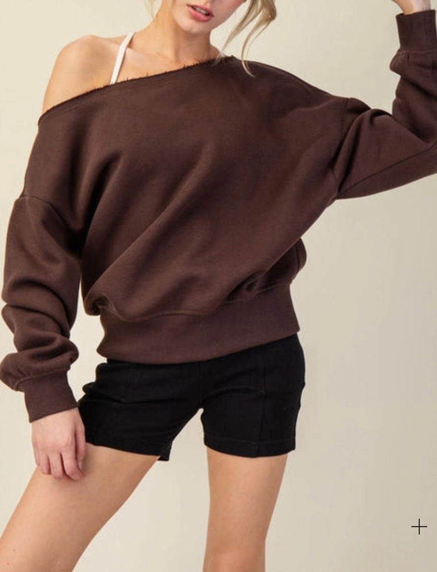 Rae Mode French Terry Fleece Off Shoulder Top Wide Neck Sweater