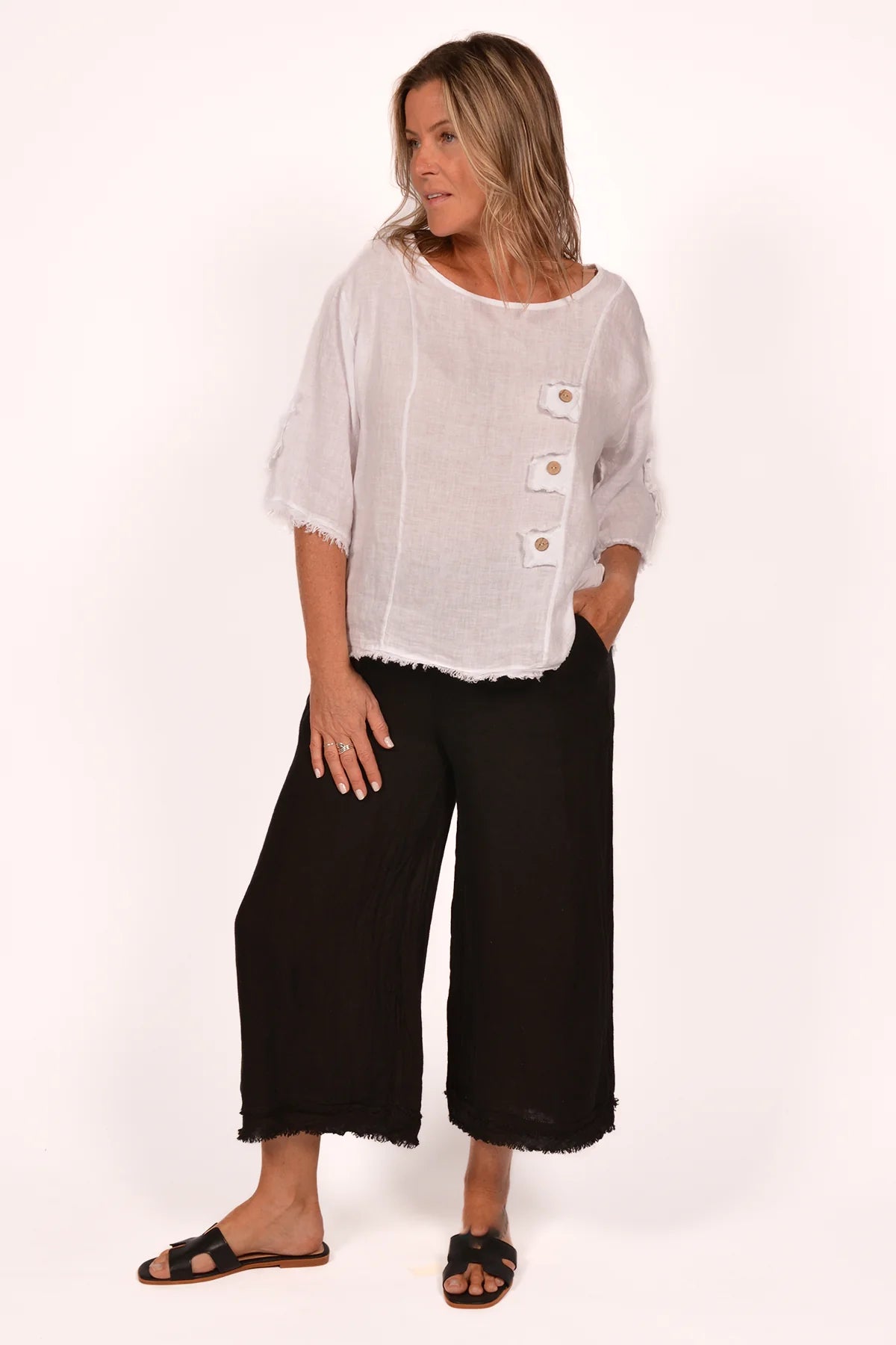 BE LINEN FRAYED EDGE PANTS Italy Collection O/S