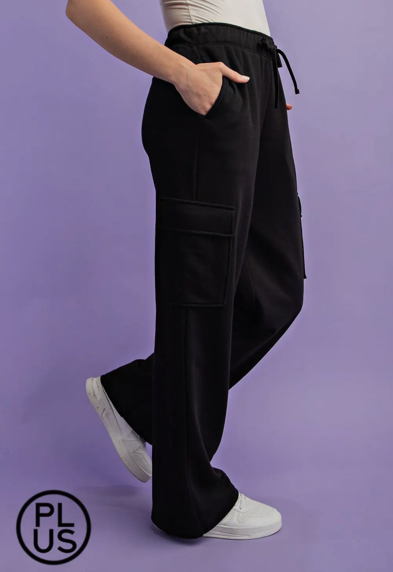 Rae Mode Black Plus Size French Terry Straight Cargo Sweatpant