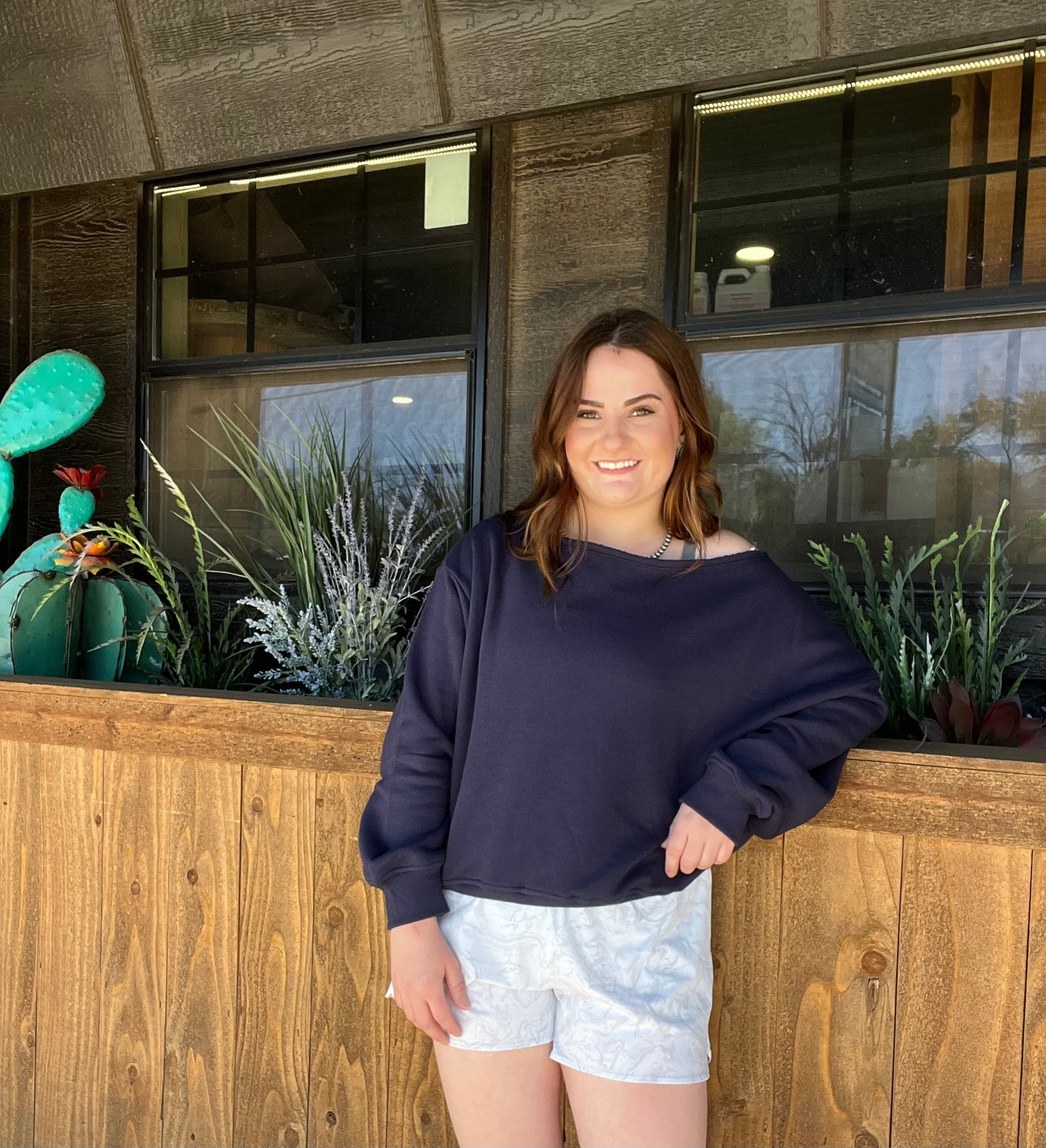 Rae Mode French Terry Fleece Off Shoulder Top Wide Neck Sweater