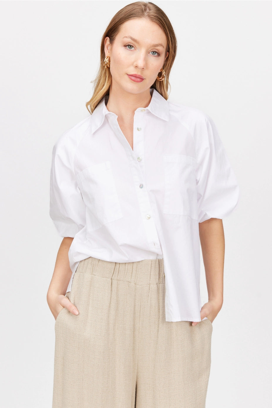 Poplin Puff Sleeve Button Up Shirt