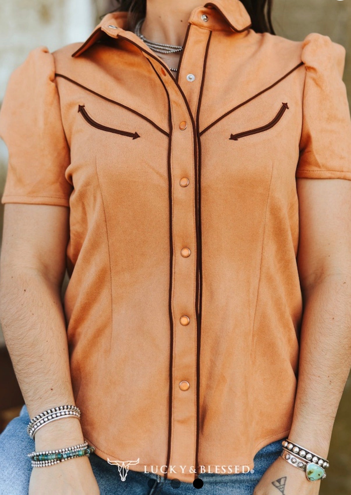Lucky and Blessed Camel Suede Contrast Arrow Pearl Snap Puff Sleeve Top
