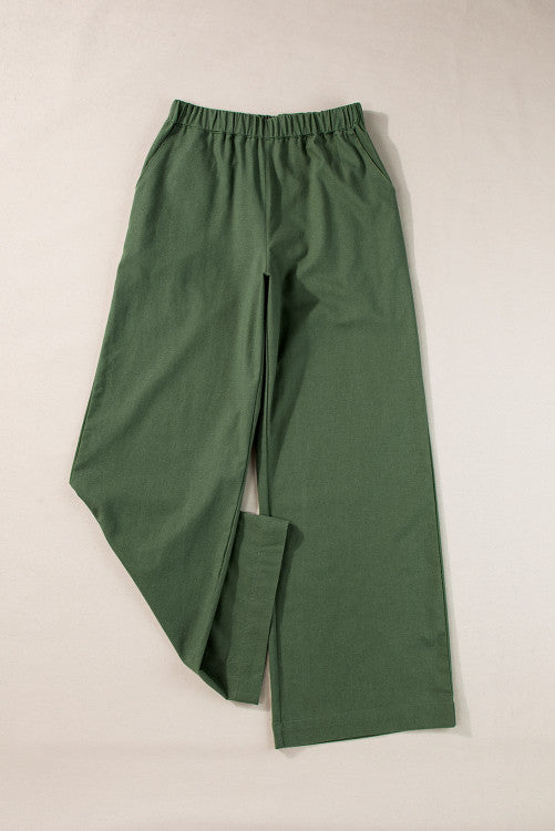 Fern Green Elastic Waist Casual Wide Leg Pants