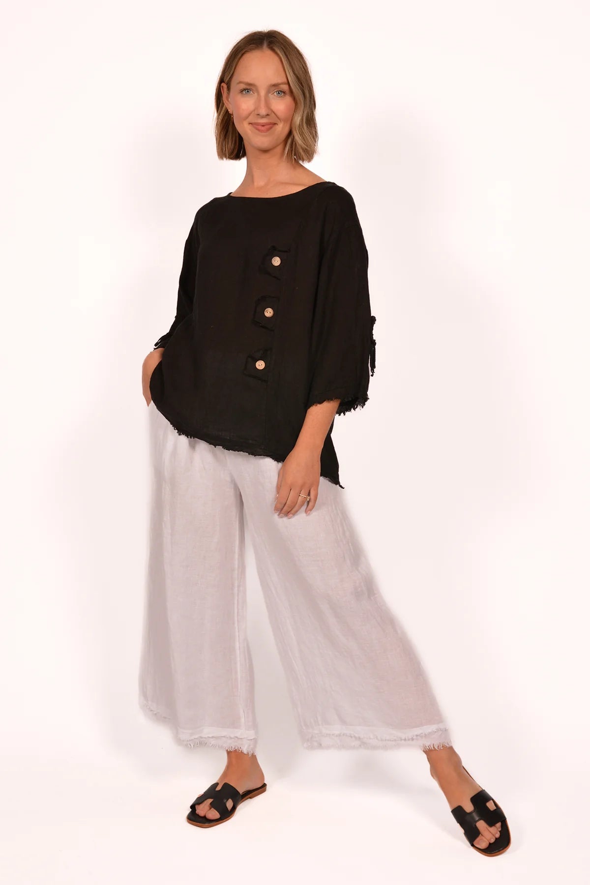 BE LINEN FRAYED EDGE PANTS Italy Collection O/S