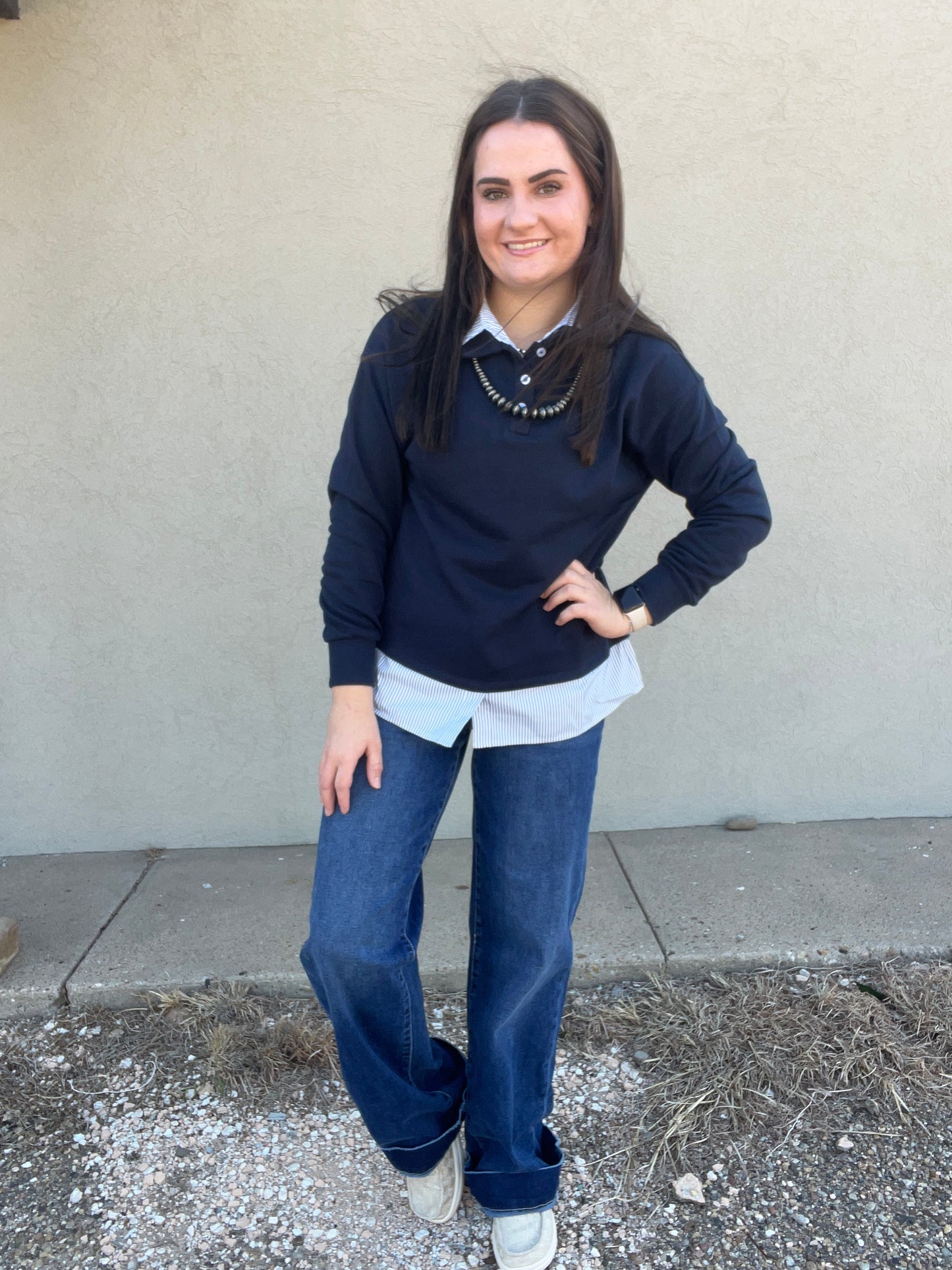 See And Be Seen Striped Shirt 2 fer Sweatshirt Collar Pullover