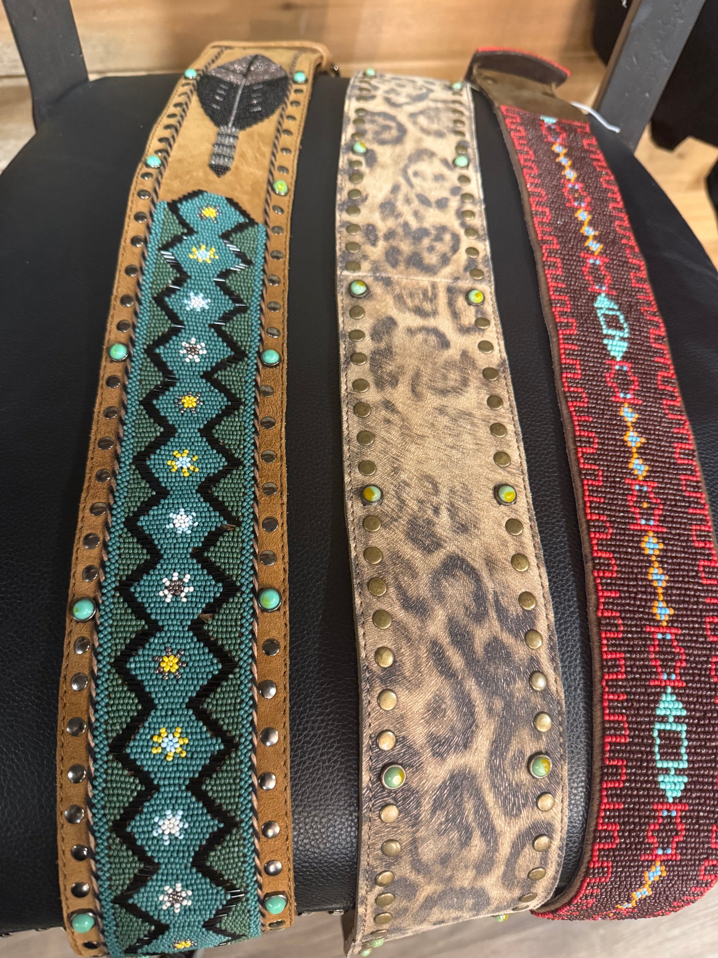 Tasha Polizzi Leather Hand Beaded Feather Turquose Belt w/ Brads and Turquoise