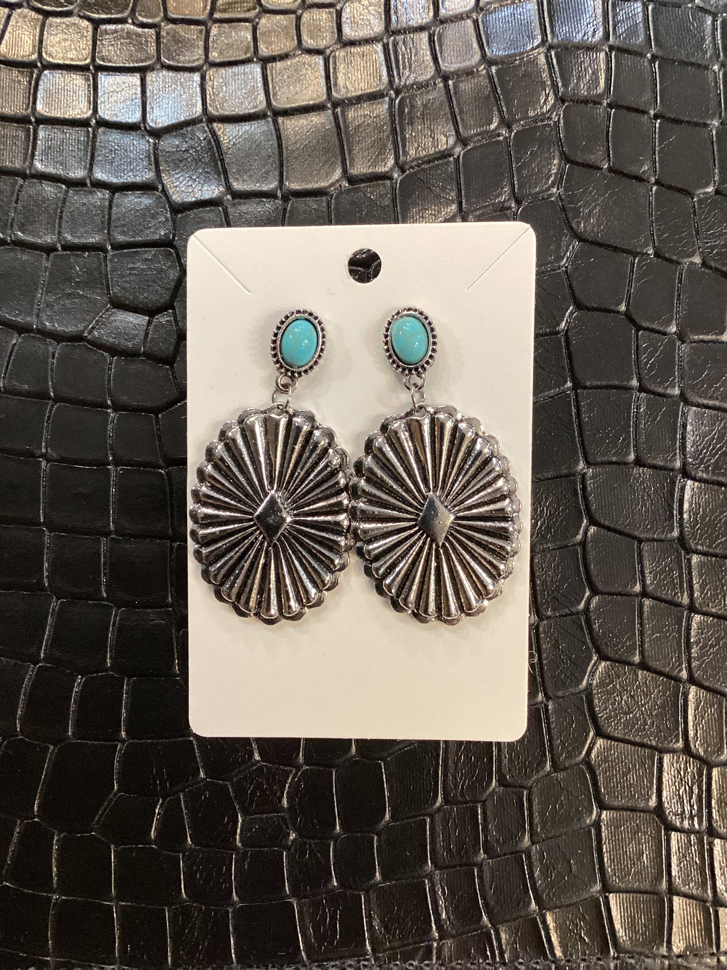 Faux Turquoise and Silver Concho Earrings