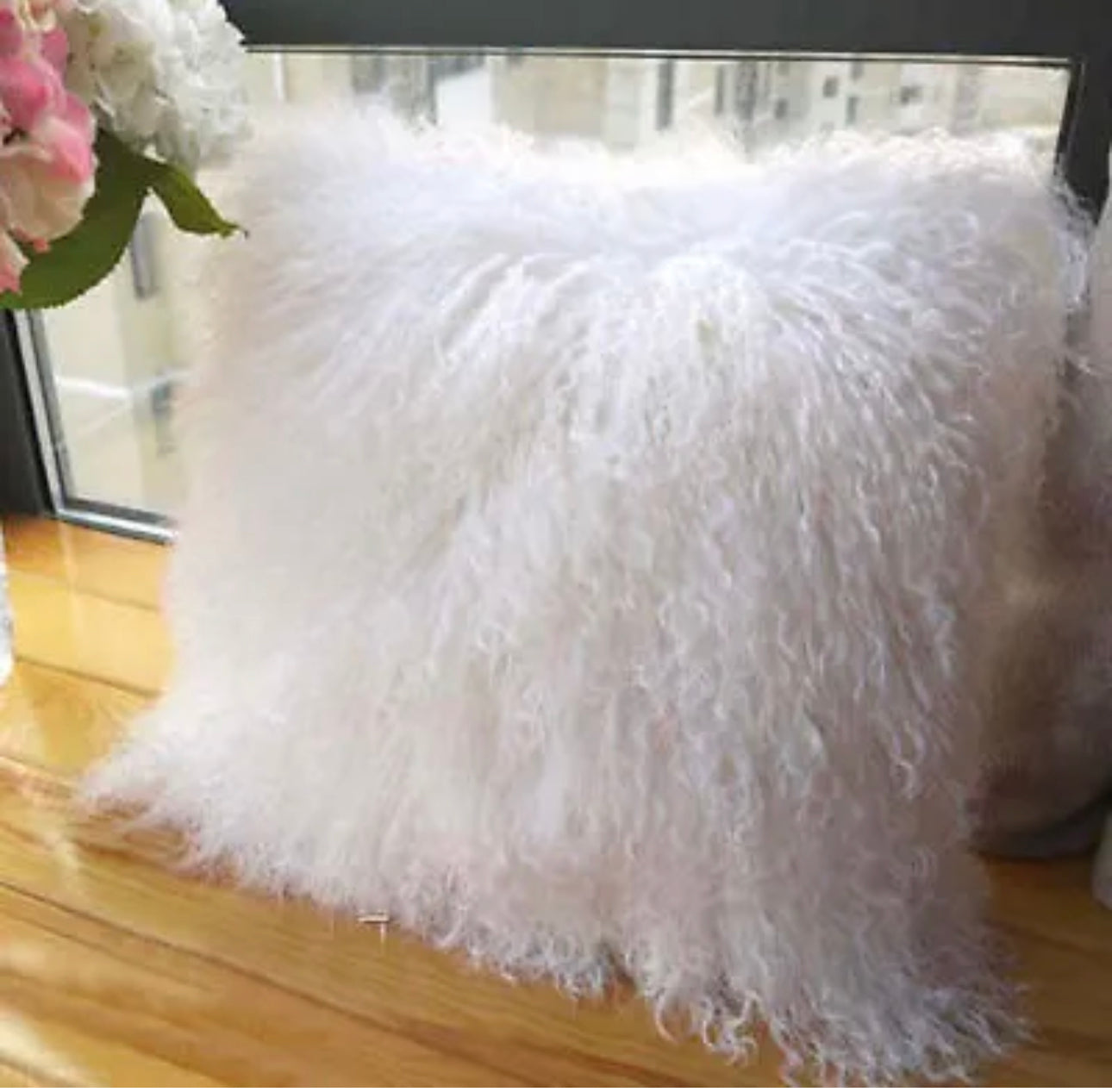 100% White Real Mongolian Lamb Wool Pillow Cover with Filller