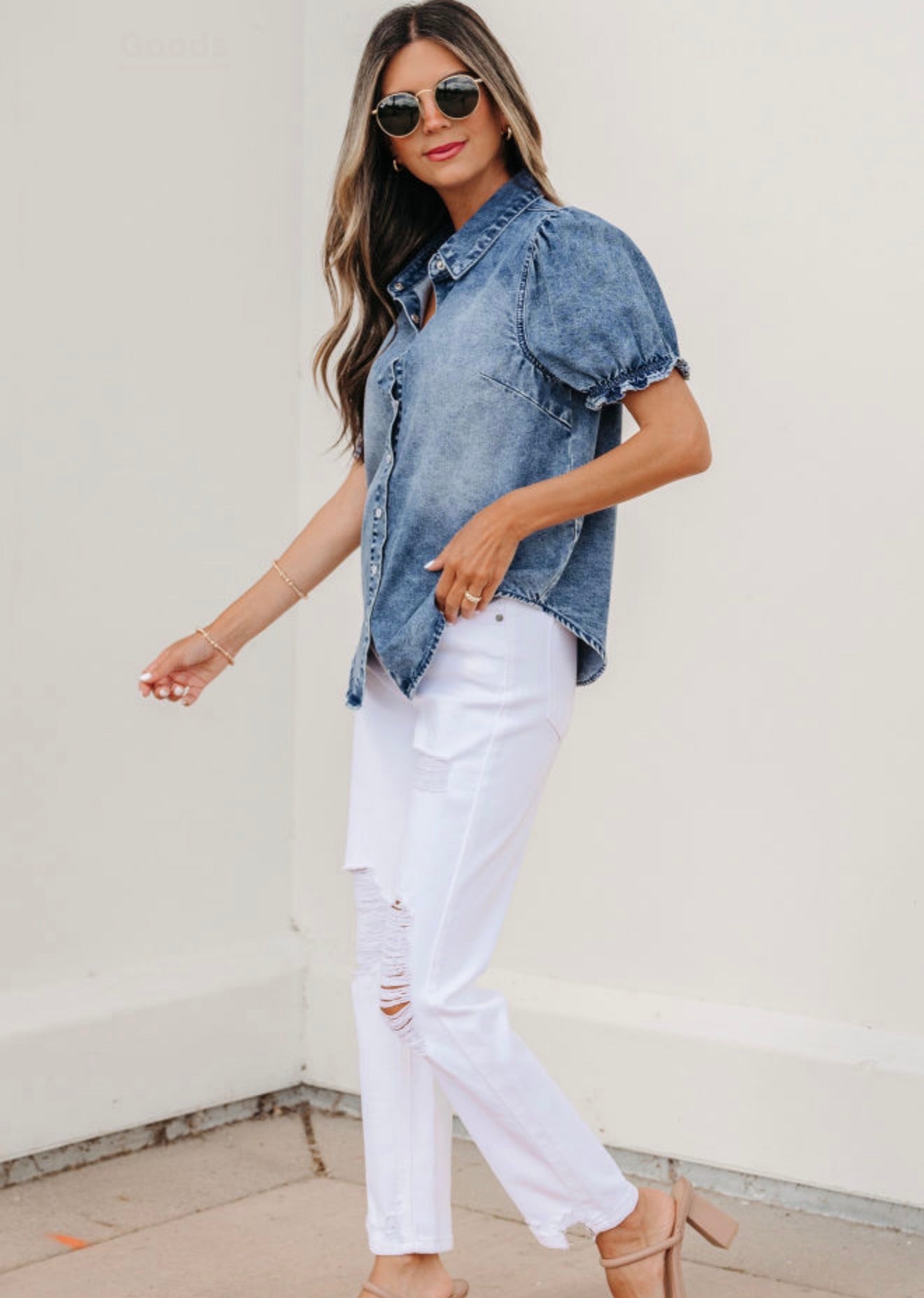 Beau Blue Frilled Short Capped Sleeve Snap Denim Shirt