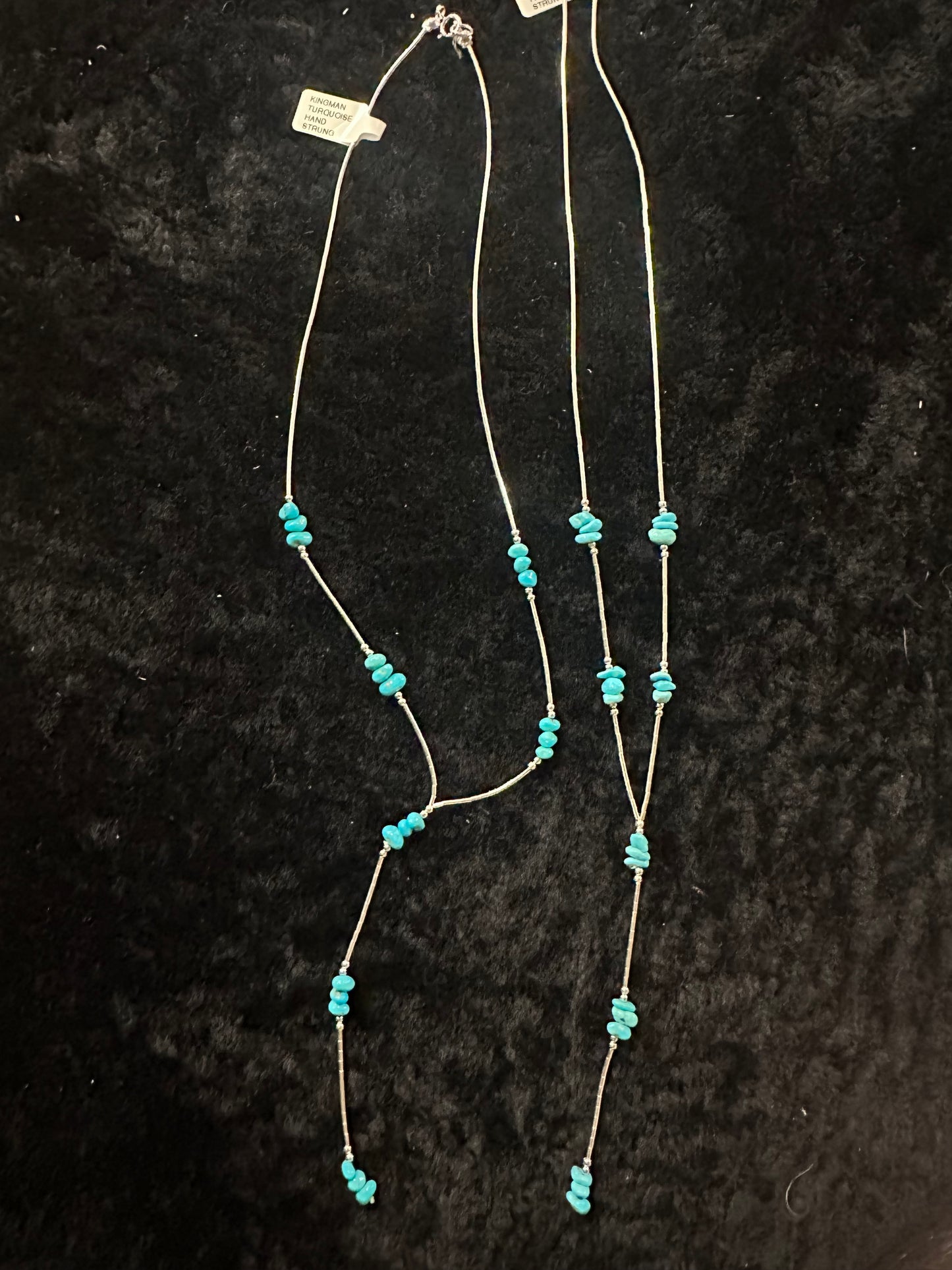 Sterling Silver Navajo Handmade Kingman Turquoise Lariat Liquid Silver Necklace