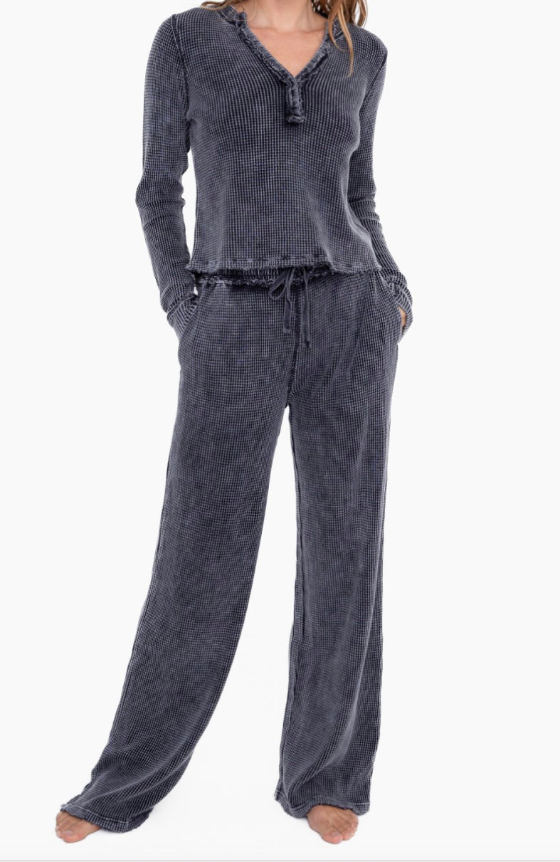 Distressed Mineral-Washed Long Sleeve Waffle Top