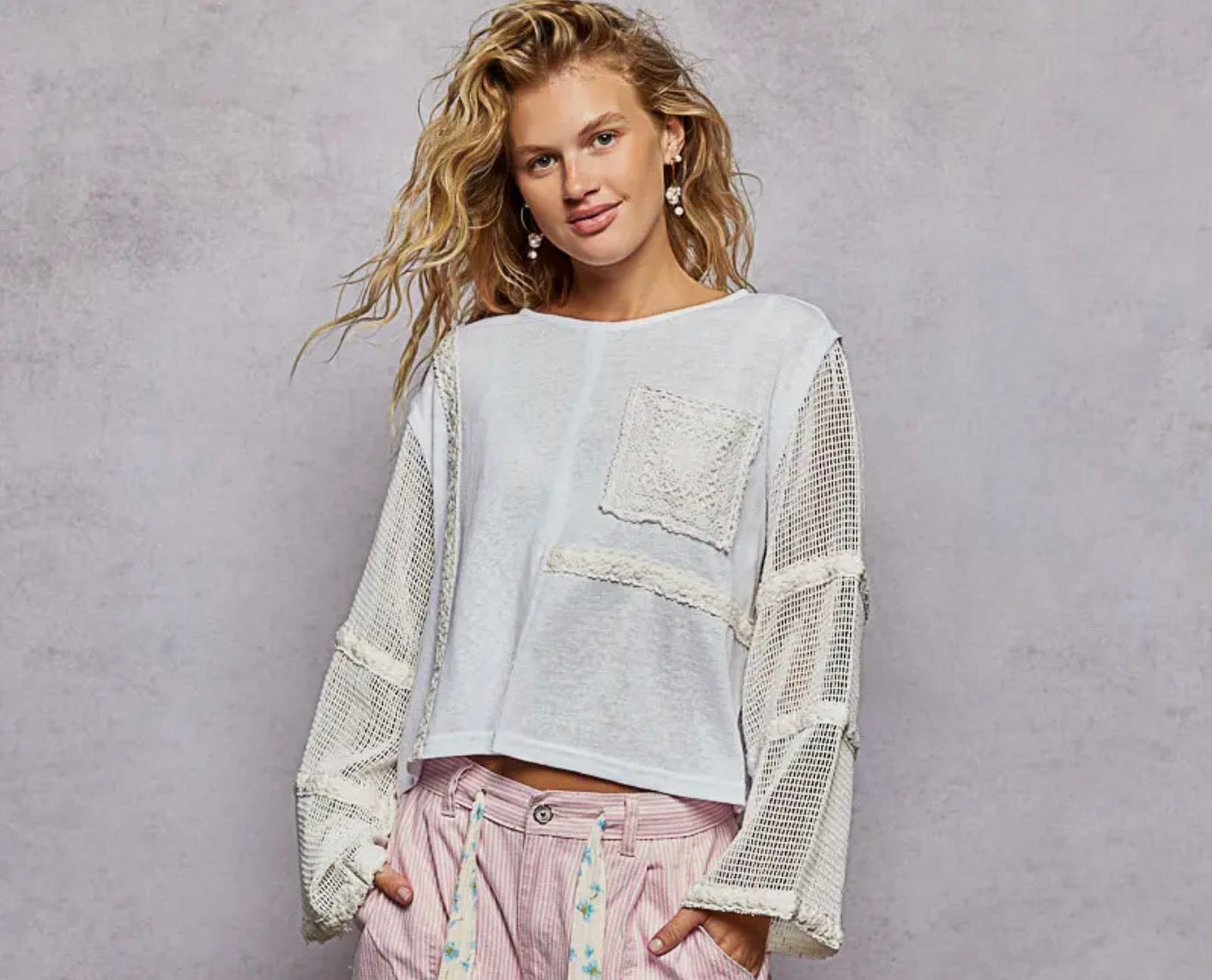 Round Neck Long See Through Sleeve Crochet Solid Knit Top