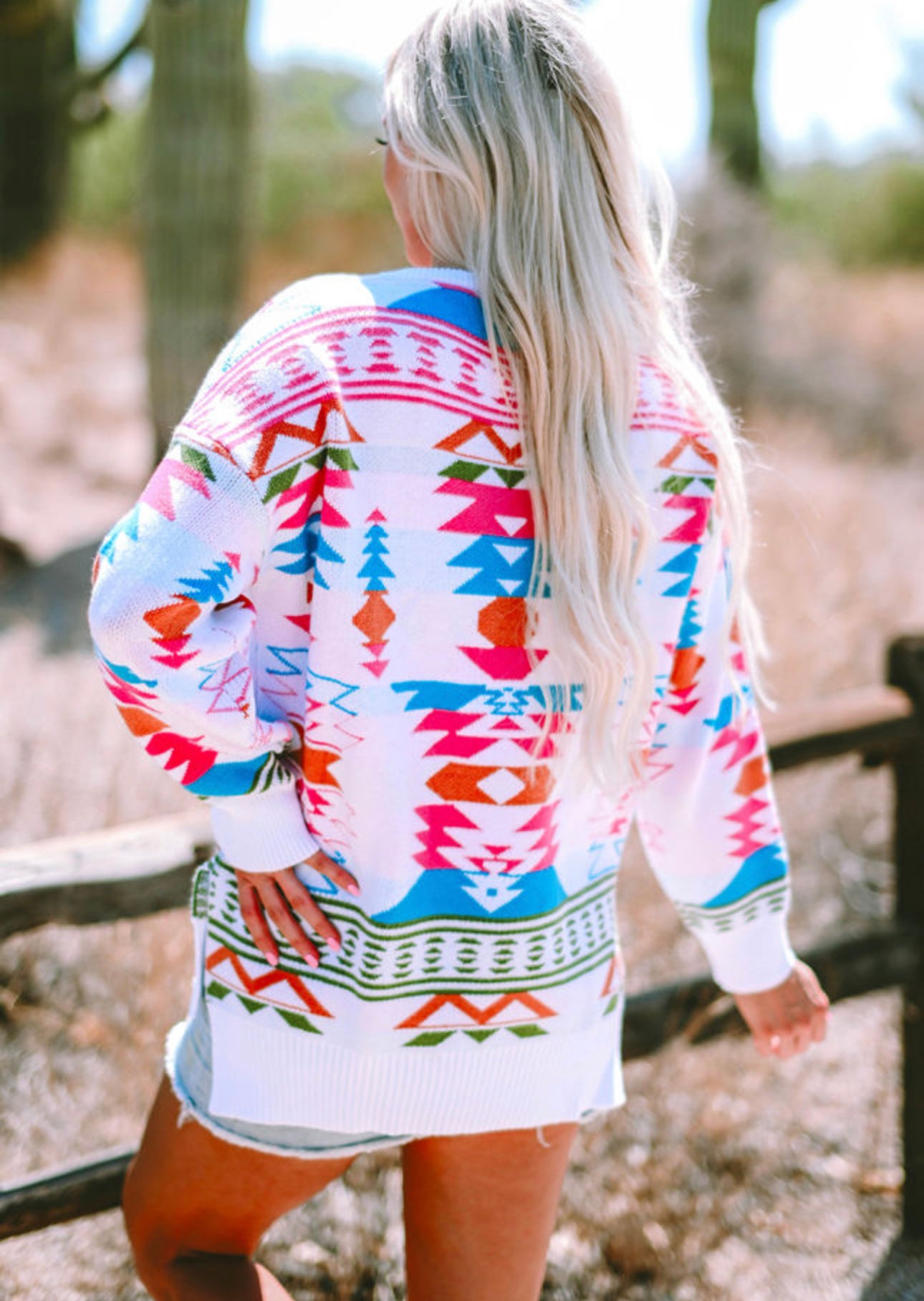 Oversized Aztec Print High Low V-Neck Sweater