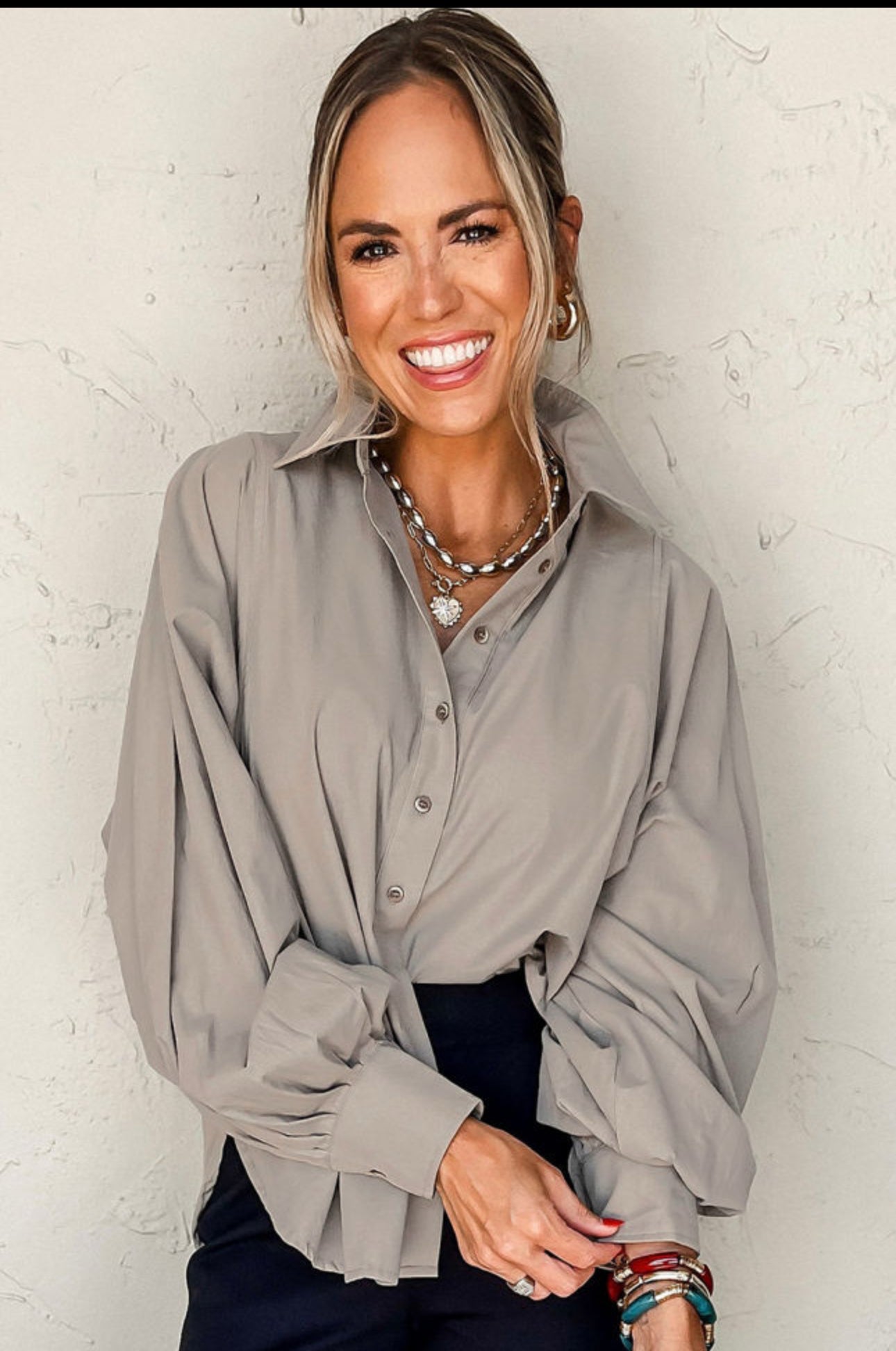 High Solid Color Balloon Sleeve Side Slits Loose Fit Shirt