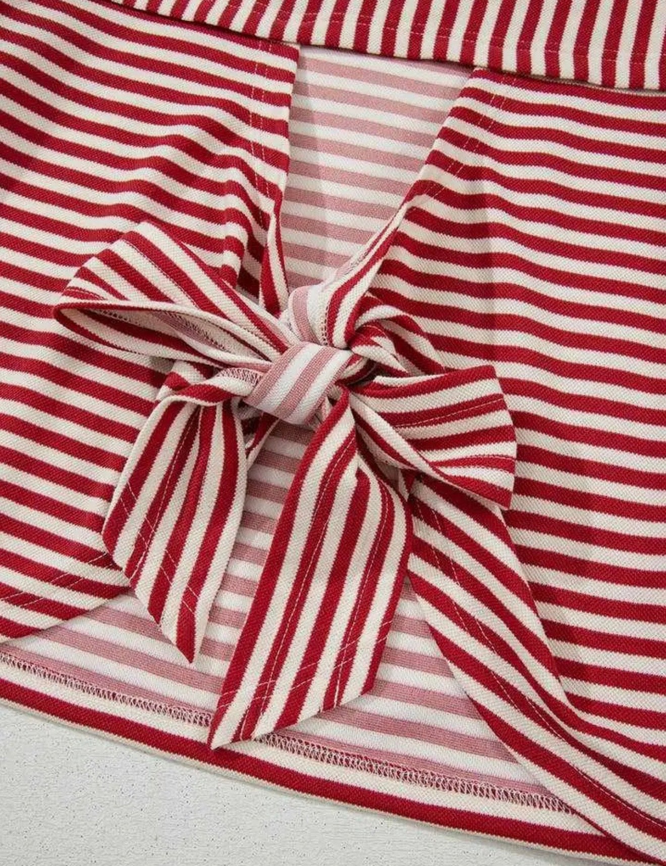 Red Striped Knit Crew Neck Top with Back Bow Tie Detail