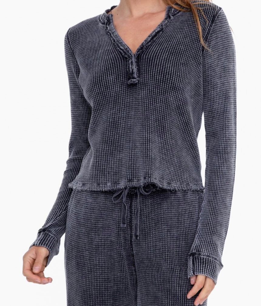 Distressed Mineral-Washed Long Sleeve Waffle Top