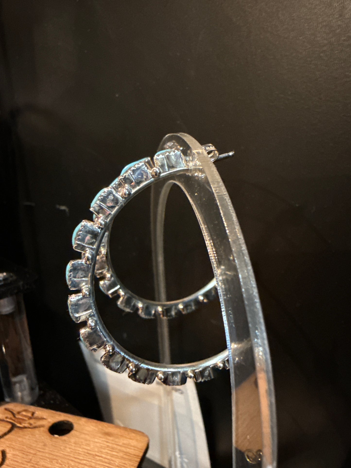 Zuni Needlepoint Handmade Turquoise Sterling Silver Hoop Earrings 2”