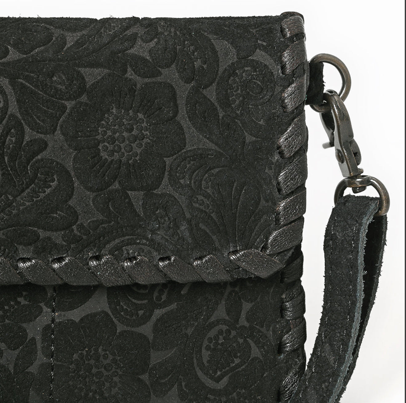 American Darling Black Floral Embossed Leather Crossbody Crossbody Bag with Whipstitch Trim