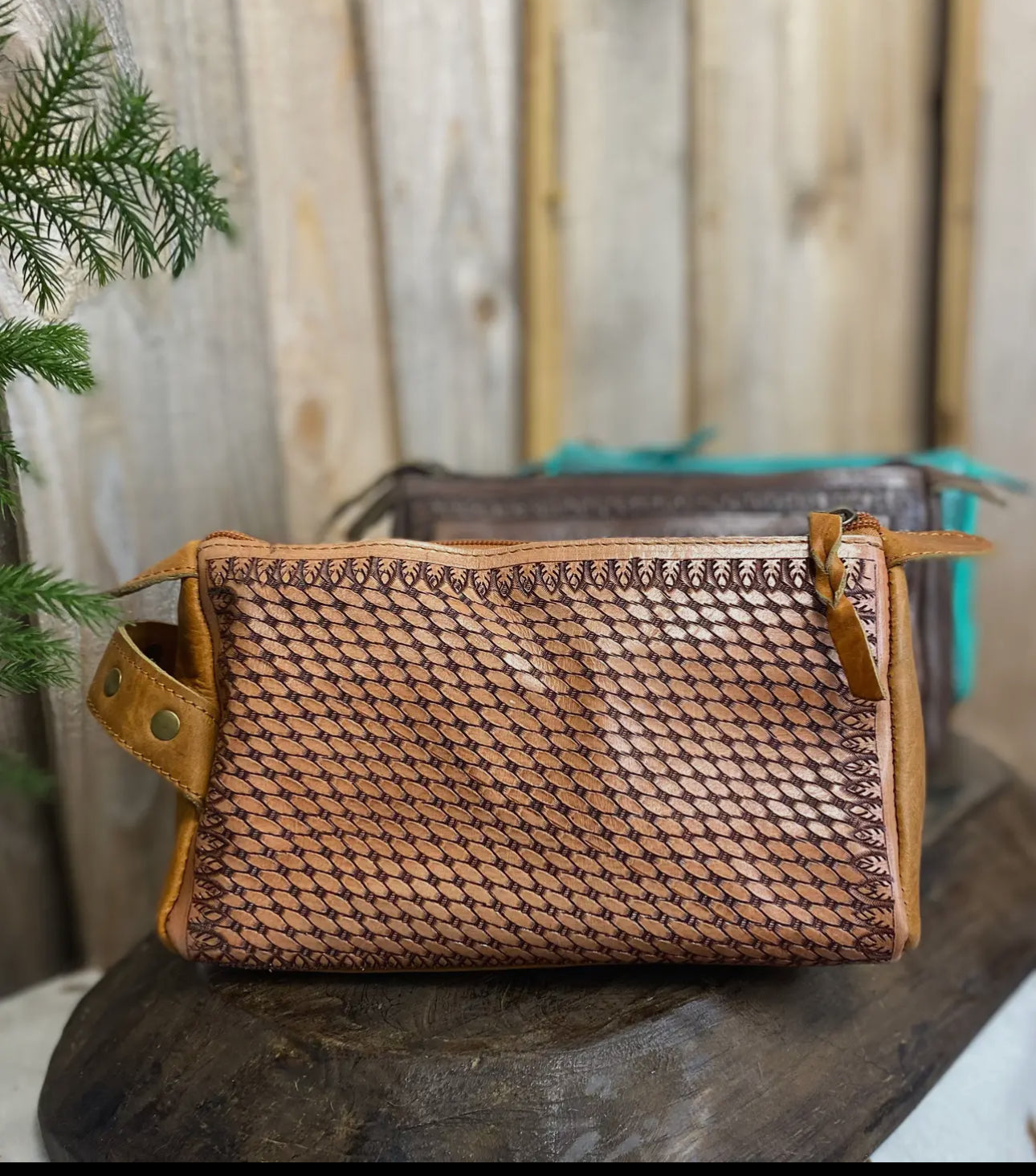 Tan Tooled Floral Leather Toiletry Bag