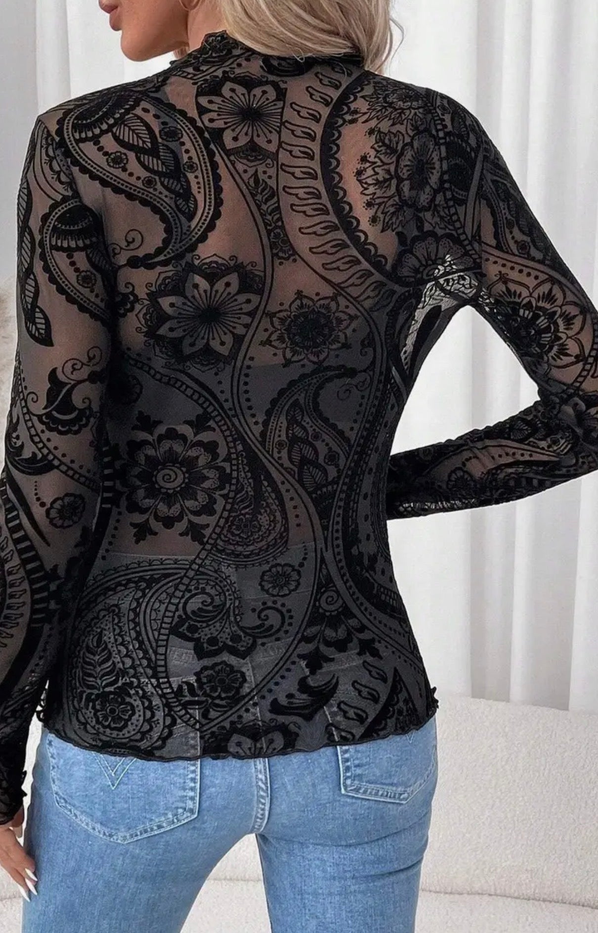 FLOCKED Printed Mesh Ruffled Long Sleeve Top