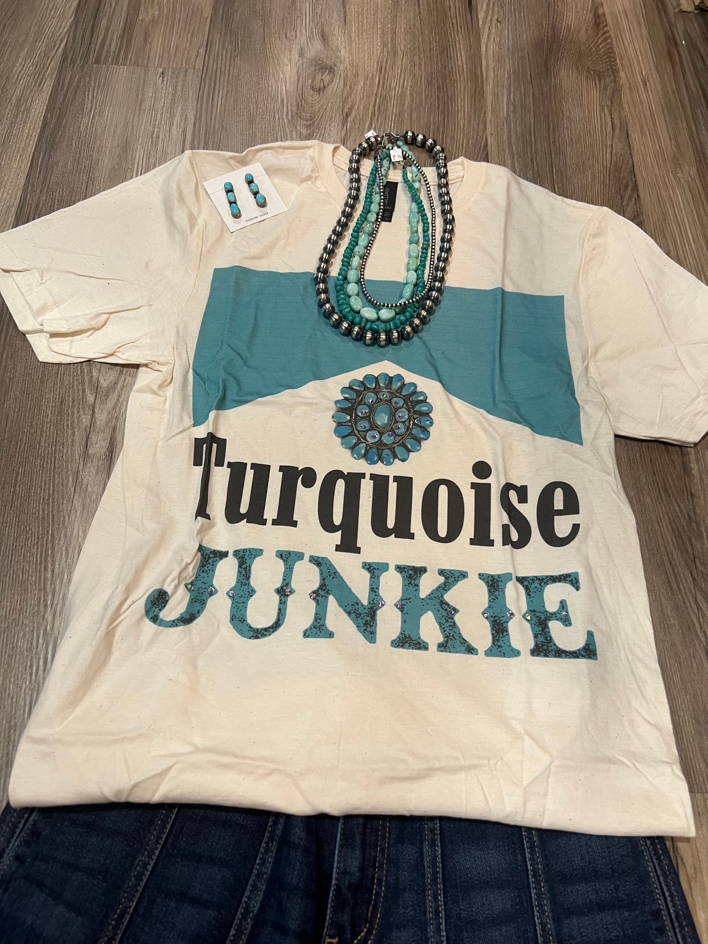Rhinestone Embellished Turquoise Junkie Tee