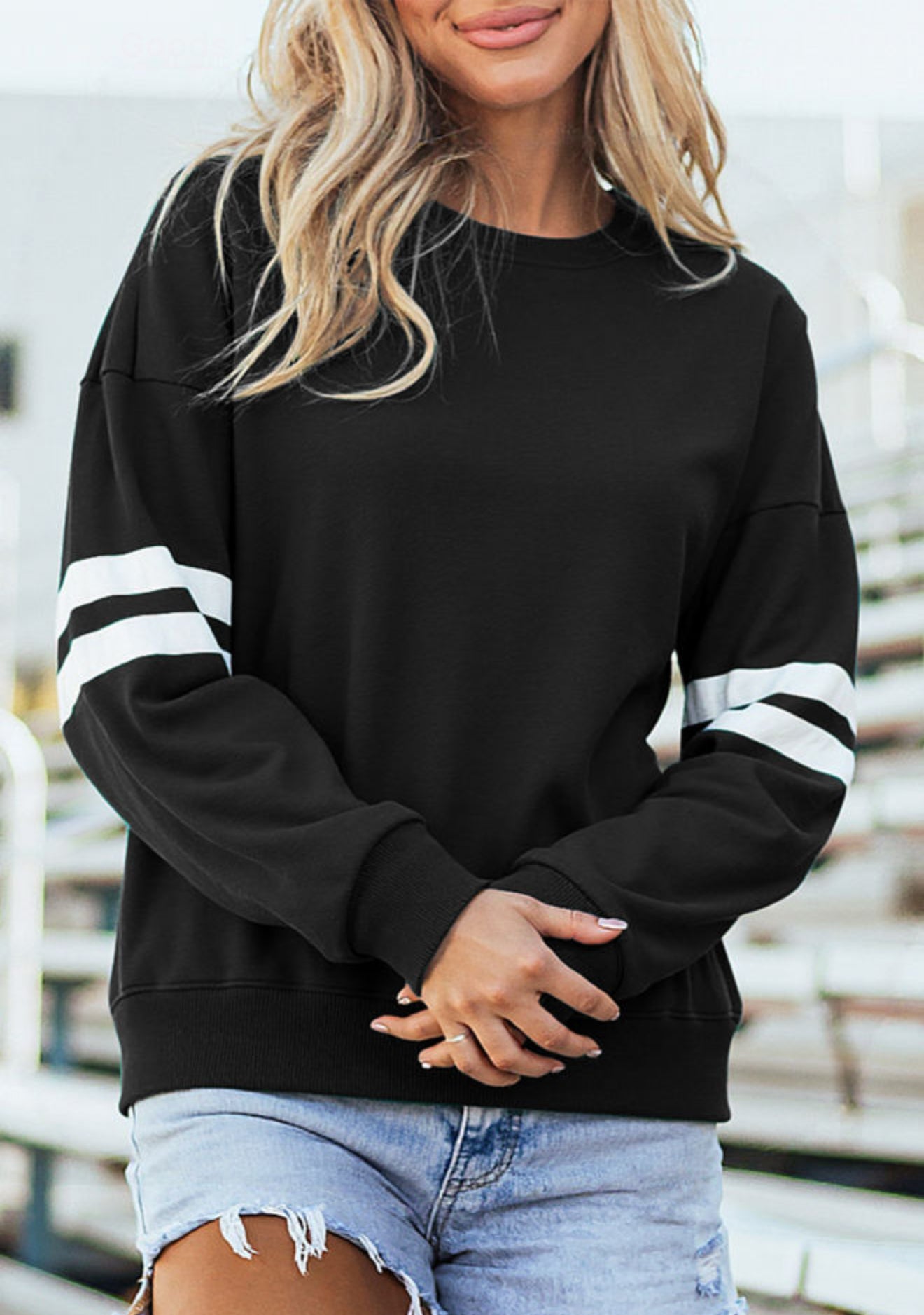 Black Varsity Striped Detail Drop Shoulder Oversized Sweatshirt