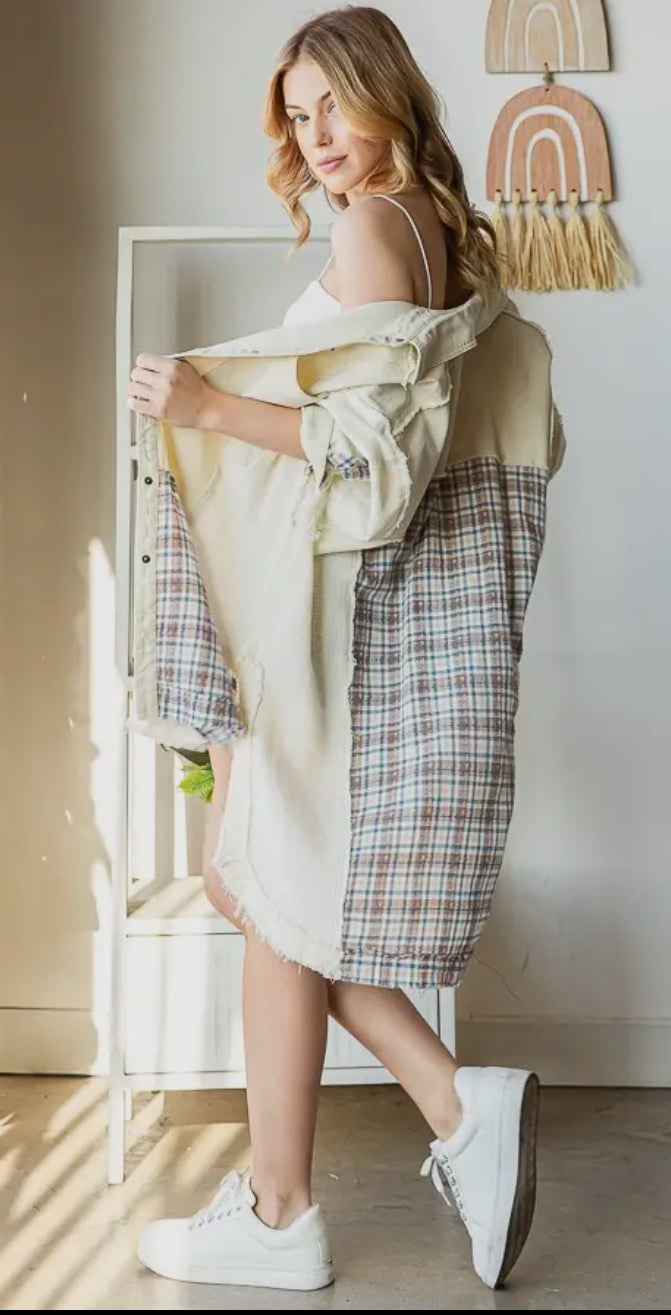 Washed Mix Media Plaid Detail Button Down Shacket