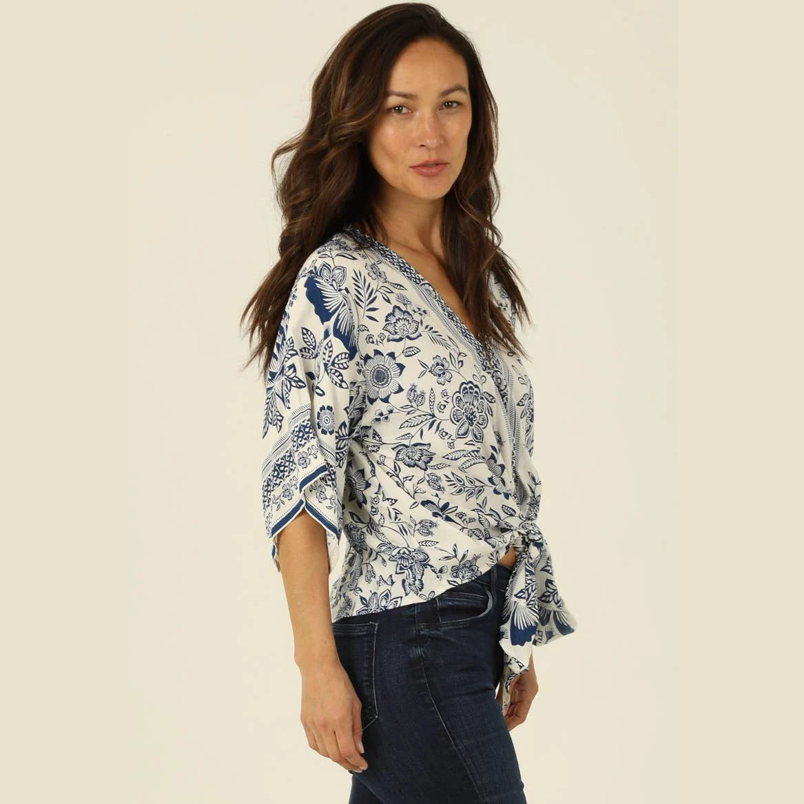 Nostalgia Women's V Neck Kimono Sleeve Tie Waist Blouse