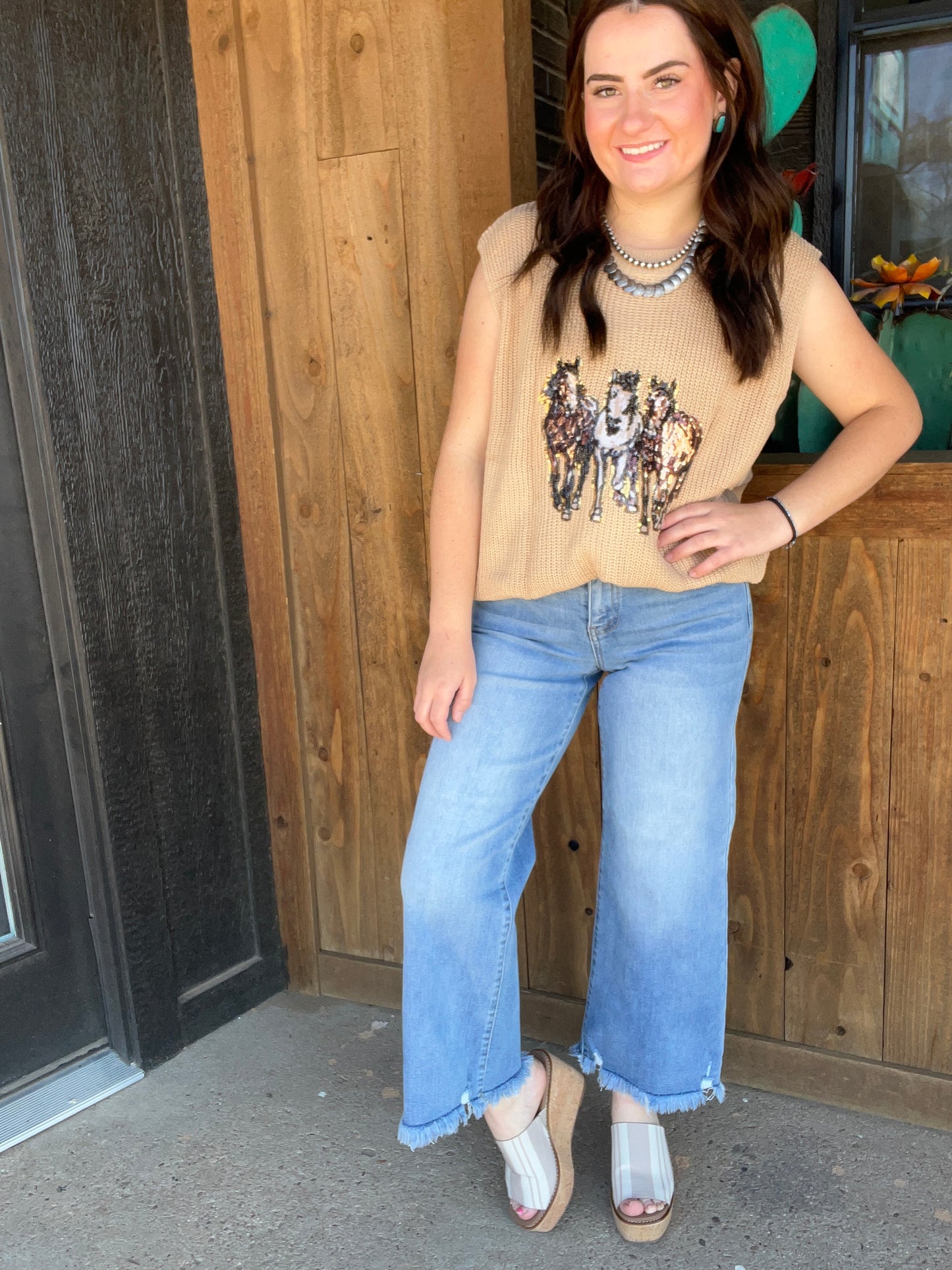 Parchment Sequin Horse Knitted Sweater Vest