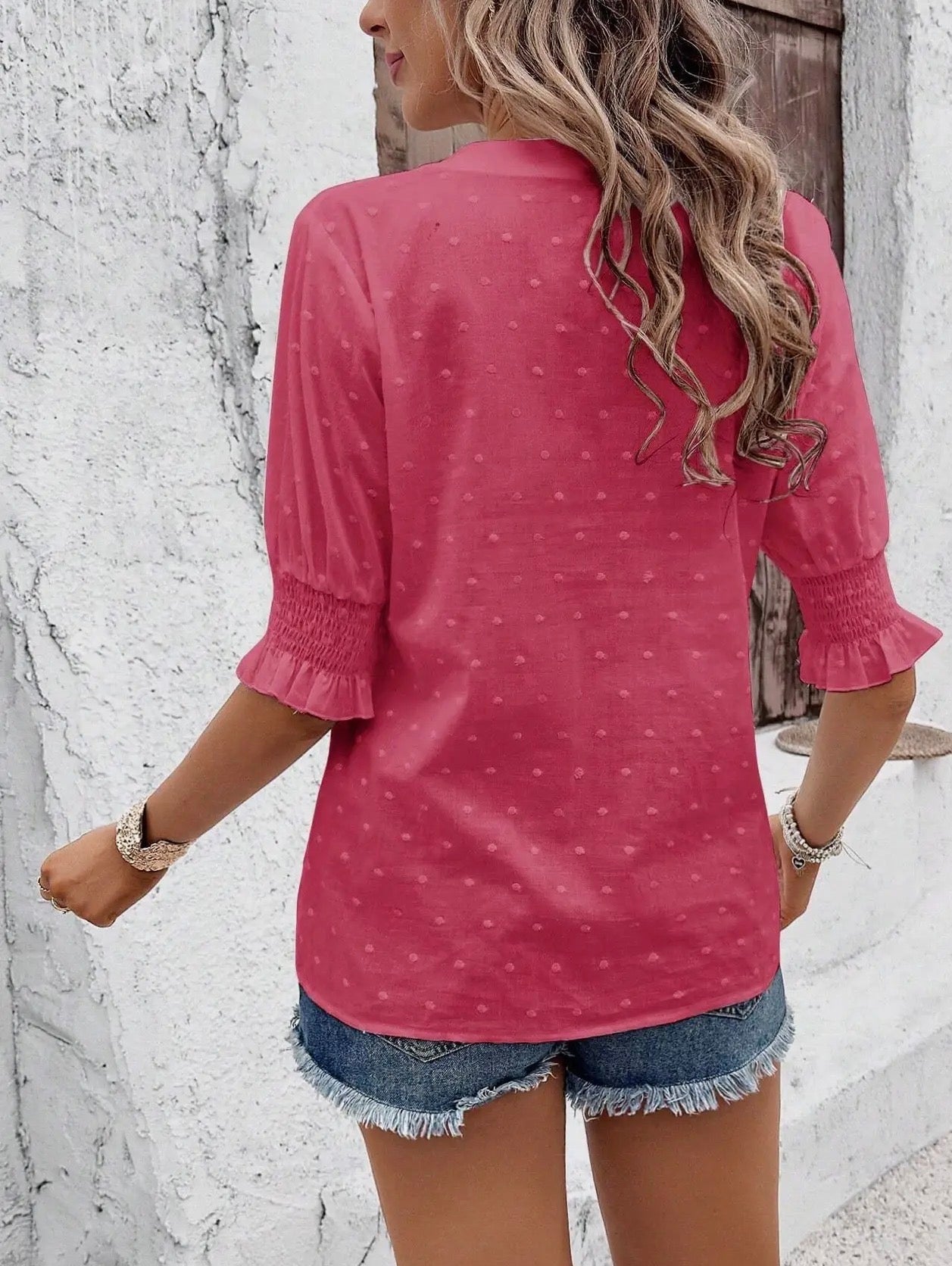 Hollow Out Half Sleeve Boho Top with Ruffle Trim