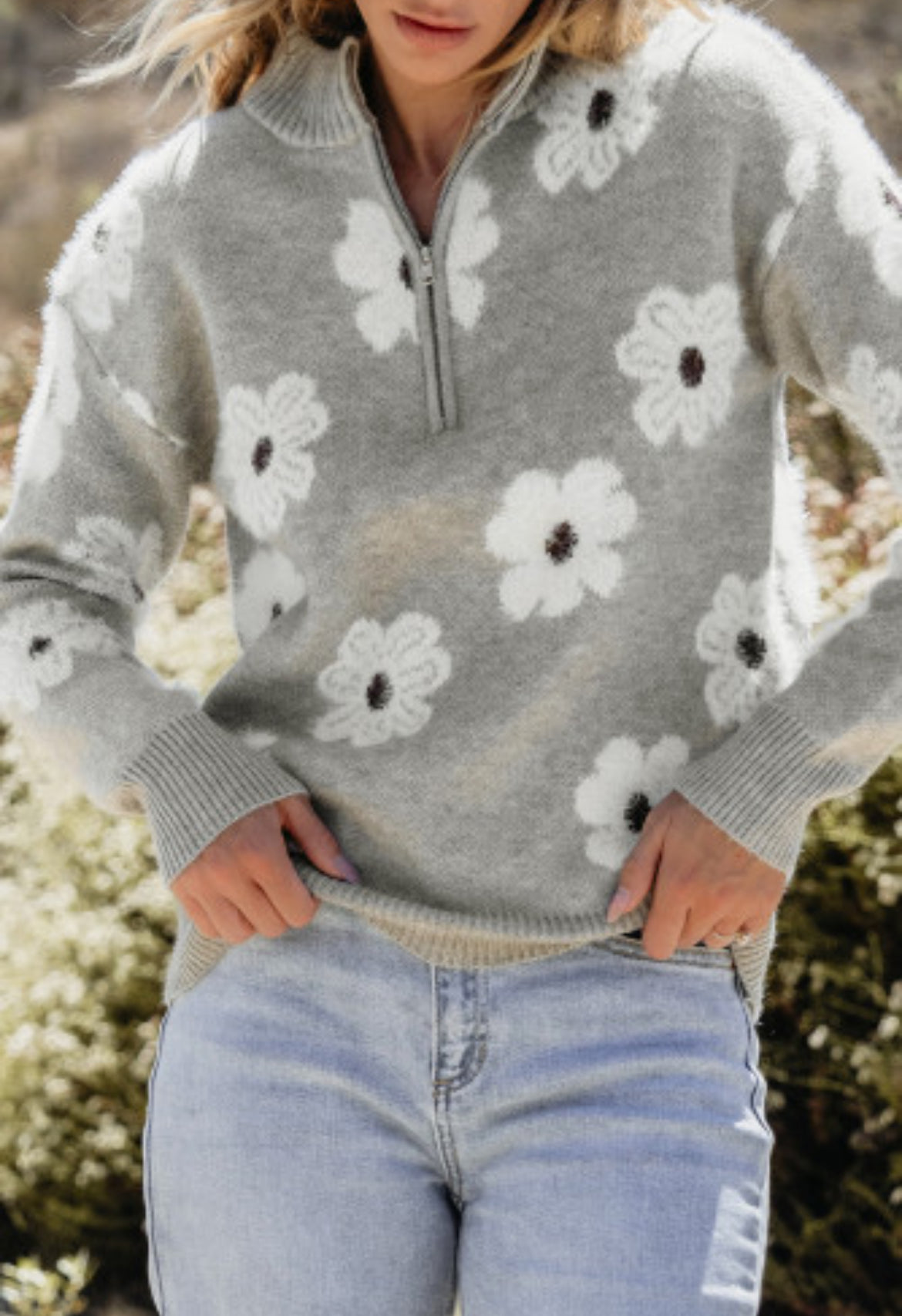Gray Floral Half Zip Drop Shoulder Sweater