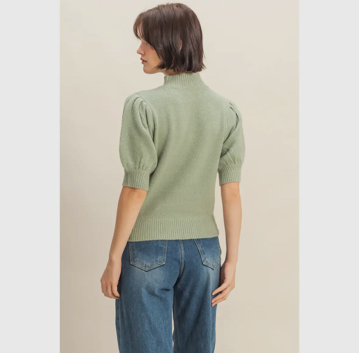 Short-Sleeve Ribbed Sweater with Puff Sleeves
