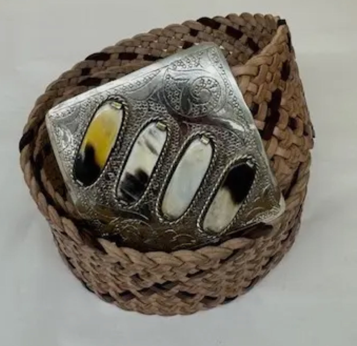 Tan and Brown Leather Belt with inset Bone